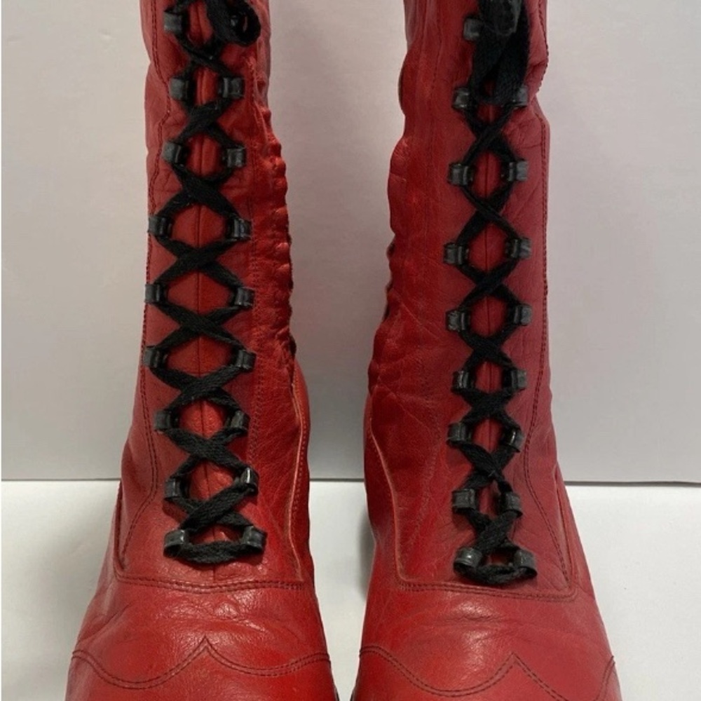 Vintage  Red Leather Mid-Calf Boots Size 7.5 M Chunky Heel Lace-Up